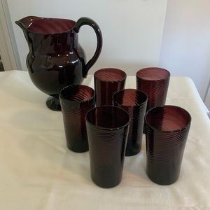 Antique black Amethyst hand blown glass pitcher & 6 glasses, bottom rough Pontil